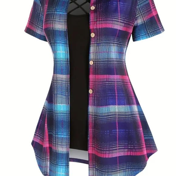 Plaid Short Sleeve Women's Top - Picture 1 of 5